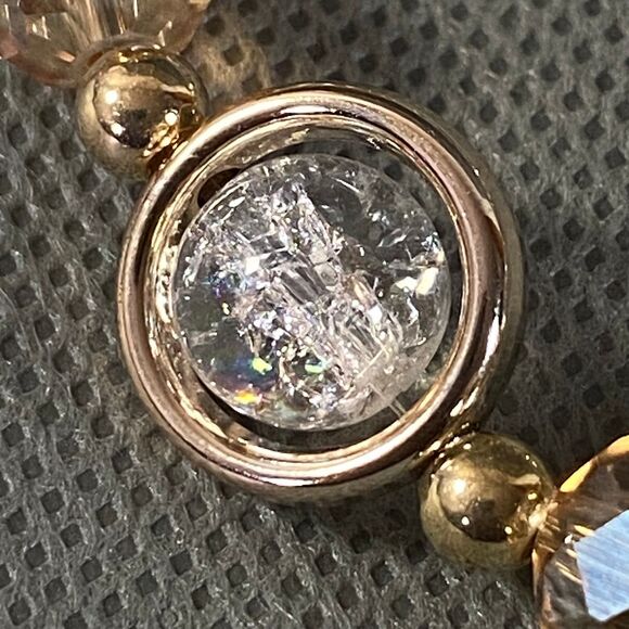 Crackled Glass Framed Beads Bracelet Clear Light Amber Gold Tone Stretch - Picture 5 of 9